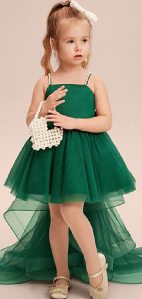 Elegant Green Unique High Low  Beading Sleeveless Tulle Flower Girl Dresses with Bow, FGS0055