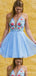 Blue A-line Floral Appliques Plunging Graduation Party Short Homecoming Dresses,QB0751