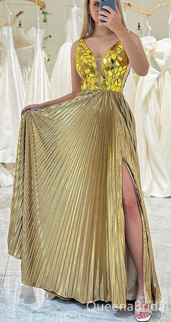 Shiny Gold V Neck A-line Side Slit Long Party Dress Prom Dresses ,WGP1873