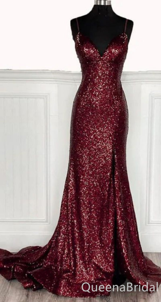 Gorgeous Burgundy Spaghetti Straps Sweetheart Open Back Mermaid Long Party Dress Prom Dresses ,WGP1876