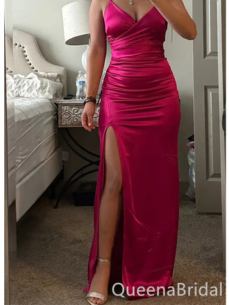 Sexy Rose Red  Mermaid Spaghetti Strap Side Slit Long Prom Dresses,WGP433