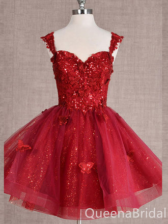 Red Lace Appliques Sweetheart A-line Graduation Party Short Homecoming Dresses , QB0805