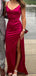 Sexy Rose Red  Mermaid Spaghetti Strap Side Slit Long Prom Dresses,WGP433