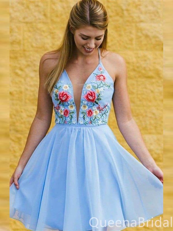 Blue A-line Floral Appliques Plunging Graduation Party Short Homecoming Dresses,QB0751