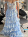 Elegant Blue Off Shoulder A-line Sequins Ruffles Side Slit Lace Up Back Long Prom Dresses,WGP411