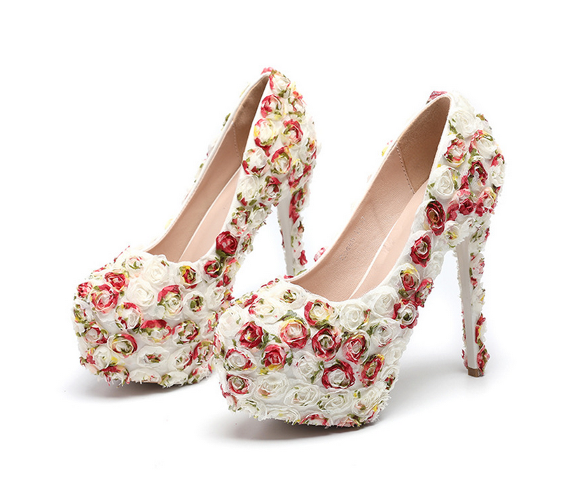 Women's Wedding Shoes Floral Lace Round Toe High Heels Decorative Heel Bridal Shoes,H23