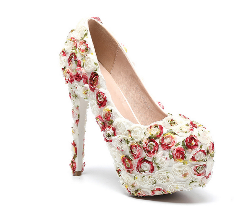 Women's Wedding Shoes Floral Lace Round Toe High Heels Decorative Heel Bridal Shoes,H23