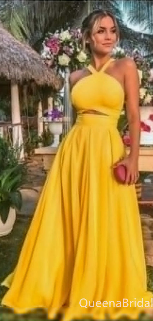 Sexy Yellow Halter A-line Evening Gown Maxi Long Formal Dresses Prom Dresses with Pleats,WGP924