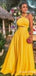 Sexy Yellow Halter A-line Evening Gown Maxi Long Formal Dresses Prom Dresses with Pleats,WGP924