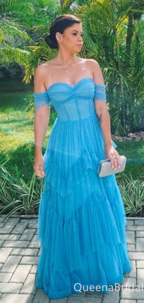 Blue Off Shoulder Sweetheart Layer A-line Evening Gown Maxi Long Evening Party Prom Dresses ,WGP1027