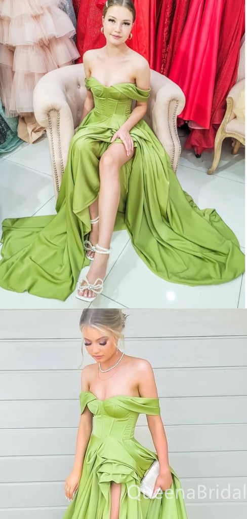 Olive Off-the-shoulder A-line Evening Gown Maxi Long Formal Dresses Prom Dresses with High Slit ,WGP993