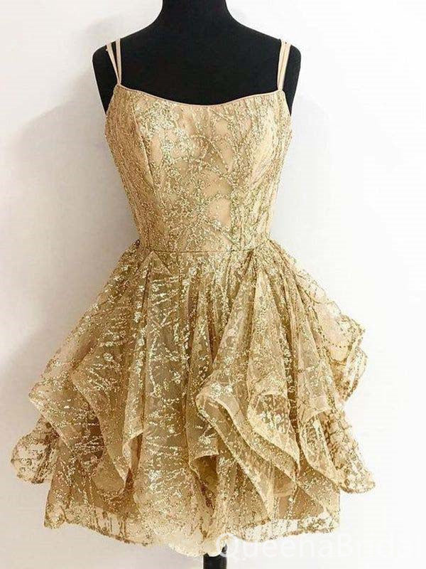 Elegant Gold Spaghetti Straps Lace Appliques A-line Short Homecoming Dresses with Ruffles ,QB0661