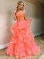 Elegant Orange Lace Appliques Lace Up Back Layer A-line Evening Gown Maxi Long Formal Dresses Prom Dresses with Ruffles,WGP896