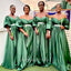 Elegant Off Shoulder Green Half Sleeves Mermaid Pleats Long Cheap Bridesmaid Dresses, BDS0184