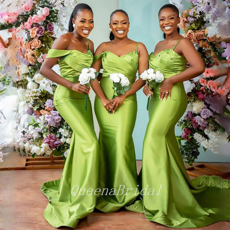 Unique Green Off Shoulder Beading Mermaid Long Cheap Bridesmaid Dresse – QueenaBridal