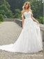 Elegant White Off Shoulder Lace Appliques Tulle Sweetheart A-Line Long Wedding Dresses with Trailing,WGP220