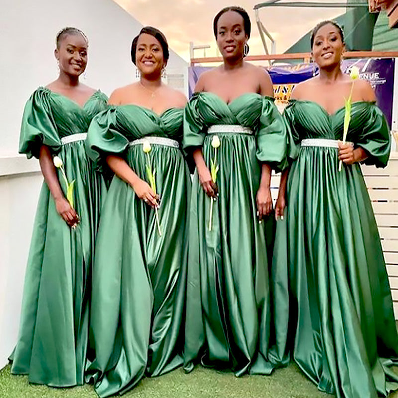 Elegant Off Shoulder Green Half Sleeves Mermaid Pleats Long Cheap Bridesmaid Dresses, BDS0184