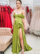 Olive Off-the-shoulder A-line Evening Gown Maxi Long Formal Dresses Prom Dresses with High Slit ,WGP993