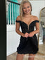 Sexy Off-the-shoulder Black Plunging Mermaid Short Homecoming Dresses Tight with Ruffles, QB0627