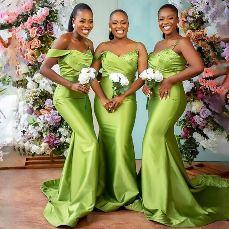 Unique Green Off Shoulder Beading Mermaid Long Cheap Bridesmaid Dresse – QueenaBridal