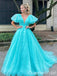 Sky Blue Deep V-neck A-line Ball Gown Evening Gown Maxi Long Formal Dresses Prom Dresses with Bubble Sleeves,WGP964