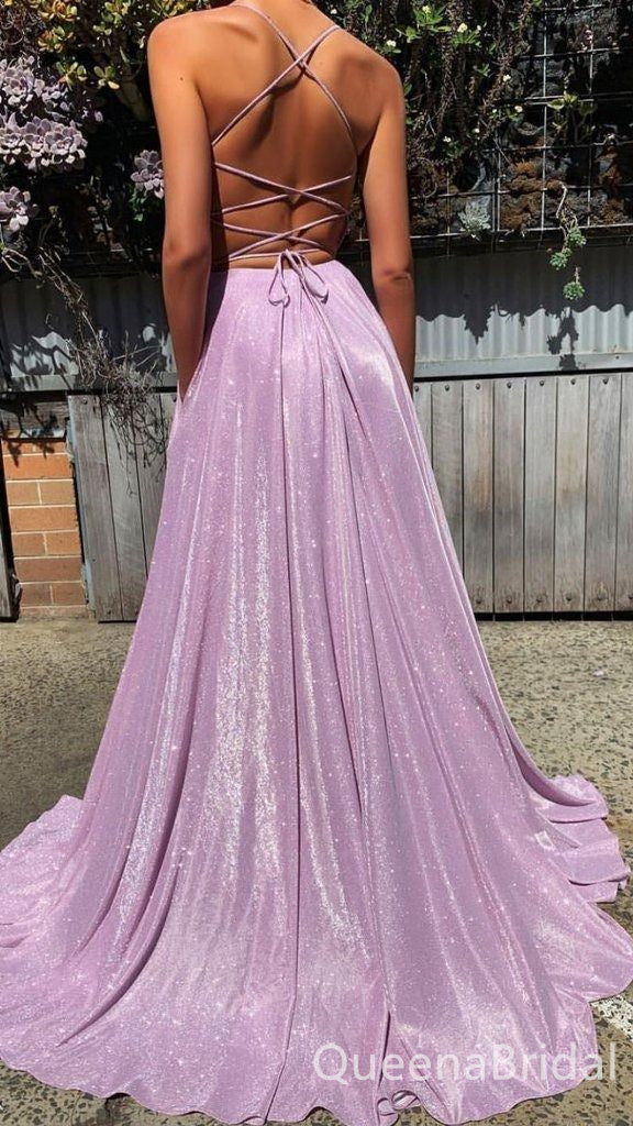 Sparkle Spaghetti Straps Plunging Lace Up Back Long Prom Dresses to Impress ,WGP1331