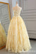 Light Yellow Illusion Lace Appliques A-line Evening Gown Maxi Long Evening Party Prom Dresses ,WGP1128