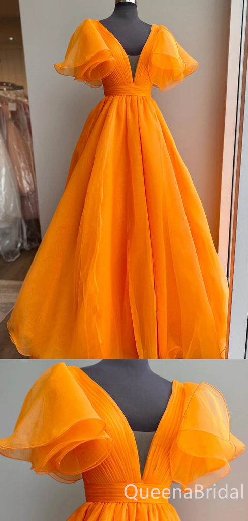 Orange Deep V-neck A-line Ball Gown Evening Gown Maxi Long Formal Dresses Prom Dresses with Bubble Sleeves,WGP965