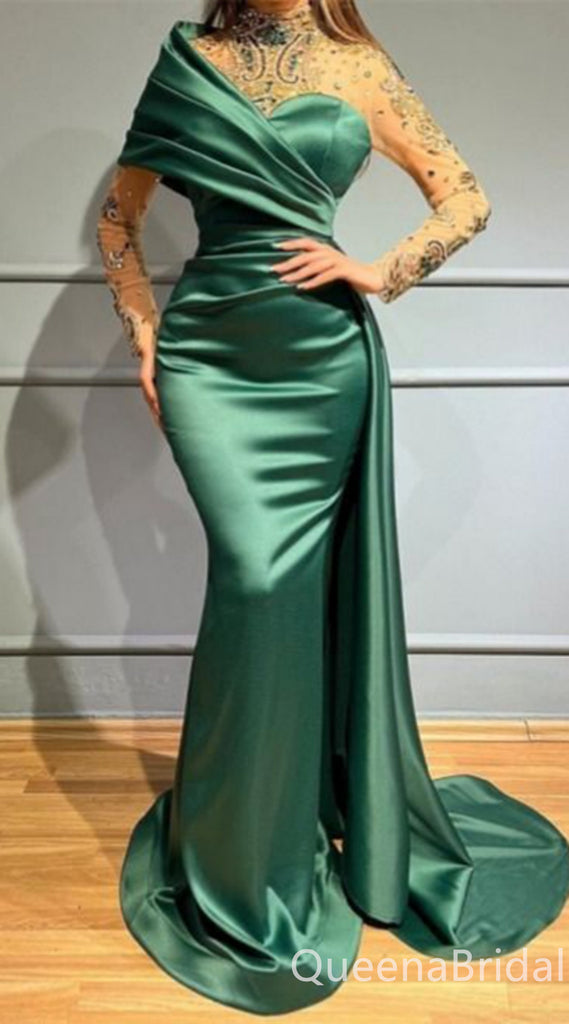 Green Illusion Beaded Long Sleeves Mermaid Evening Gown Maxi Long Evening Party Prom Dresses ,WGP1202