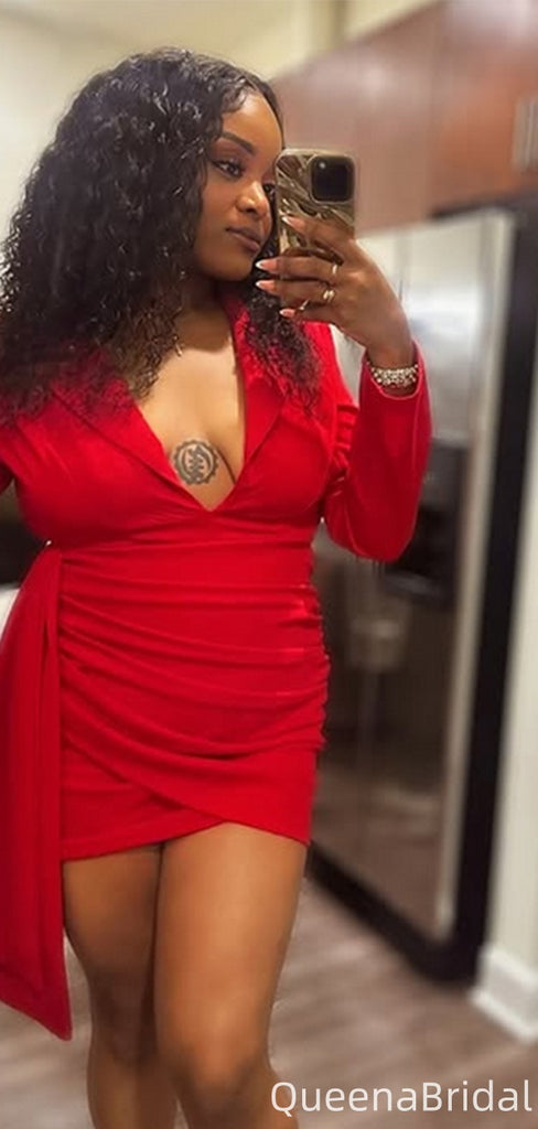 Elegant Long Sleeves V-neck Sheath Short Mini Homecoming Dress,QB1074