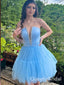 Elegant Blue Strapless V Neck Beading Tulle Simple Cheap Short Homecoming Dresses, QB0512