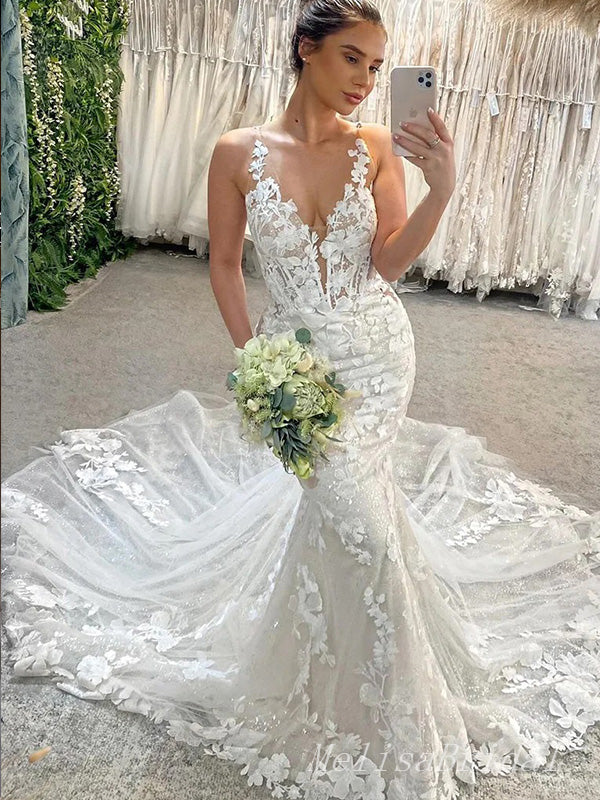 Elegant White Spaghetti Straps V Neck Lace Appliques Tulle Mermaid Long Cheap Wedding Dresses,WGP215