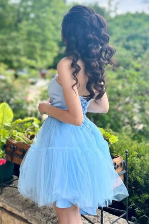 Elegant Blue Strapless V Neck Beading Tulle Simple Cheap Short Homecoming Dresses, QB0512