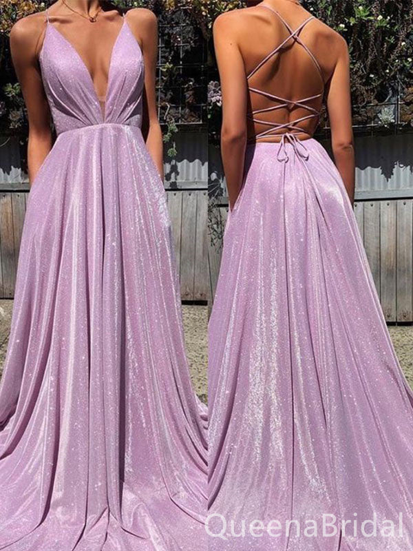 Sparkle Spaghetti Straps Plunging Lace Up Back Long Prom Dresses to Impress ,WGP1331