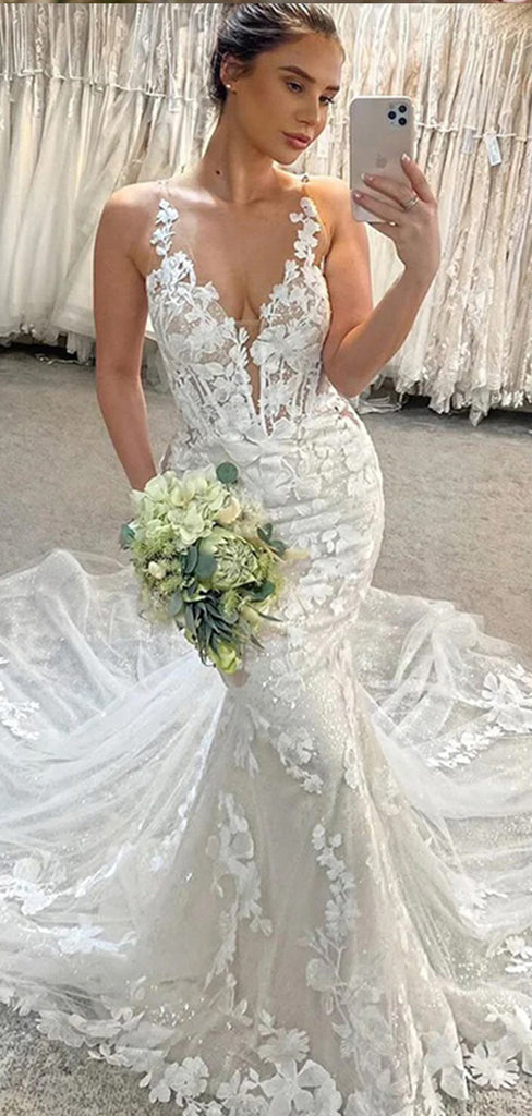 Elegant White Spaghetti Straps V Neck Lace Appliques Tulle Mermaid Long Cheap Wedding Dresses,WGP215