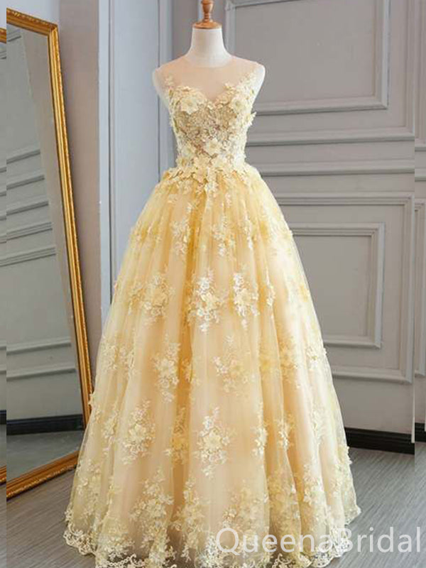 Light Yellow Illusion Lace Appliques A-line Evening Gown Maxi Long Evening Party Prom Dresses ,WGP1128