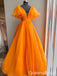 Orange Deep V-neck A-line Ball Gown Evening Gown Maxi Long Formal Dresses Prom Dresses with Bubble Sleeves,WGP965