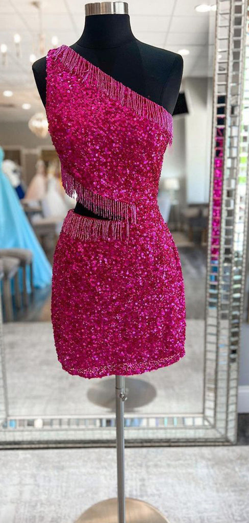 Elegant Pink One Shoulder Sequin Simple Cheap Short Homecoming Dresses, QB0462