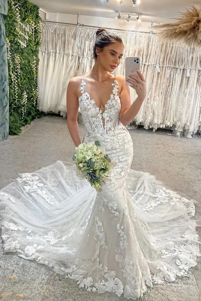 Elegant White Spaghetti Straps V Neck Lace Appliques Tulle Mermaid Long Cheap Wedding Dresses,WGP215