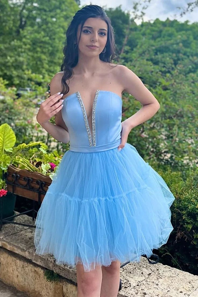 Elegant Blue Strapless V Neck Beading Tulle Simple Cheap Short Homecoming Dresses, QB0512