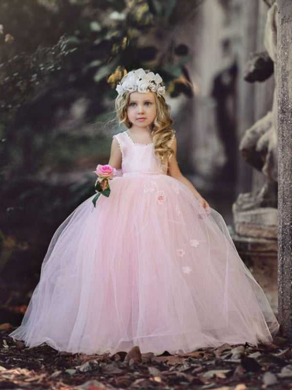 Cheap Tulle Sleeveless Light Pink Princess Ball Gown Flower Girl Dress QueenaBridal Cheap Tulle Sleeveless Light Pink Princess Ball Gown Flower Girl Dress QueenaBridal