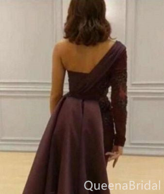 Sexy One Shoulder Lace Appliques One Long Sleeve Side Slit Mermaid Evening Gown Maxi Long Formal Dresses Prom Dresses ,WGP927