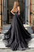 Sexy Open Back A-line Black Tulle Front Slit Open Back Evening Gown Long Formal Dresses Prom Dresses ,WGP762