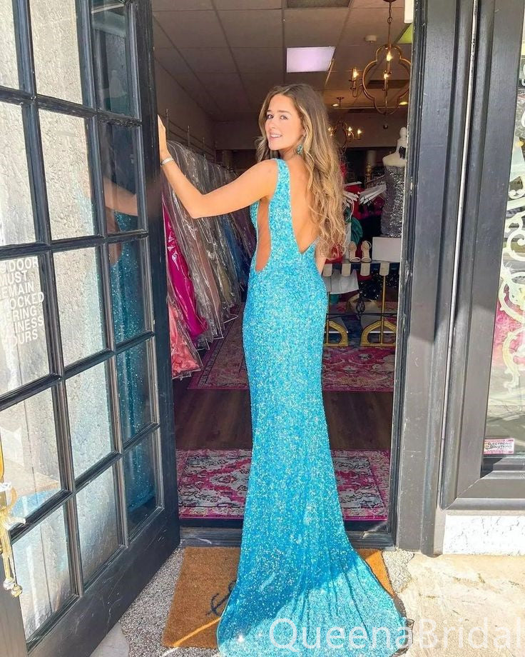 Stunning Blue Plunging Mermaid Party Dress Long Prom Dresses to Impress ,WGP1710