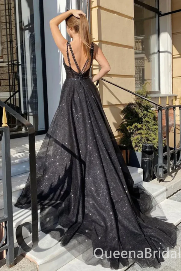 Sexy Open Back A-line Black Tulle Front Slit Open Back Evening Gown Long Formal Dresses Prom Dresses ,WGP762