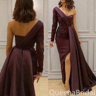 Sexy One Shoulder Lace Appliques One Long Sleeve Side Slit Mermaid Evening Gown Maxi Long Formal Dresses Prom Dresses ,WGP927