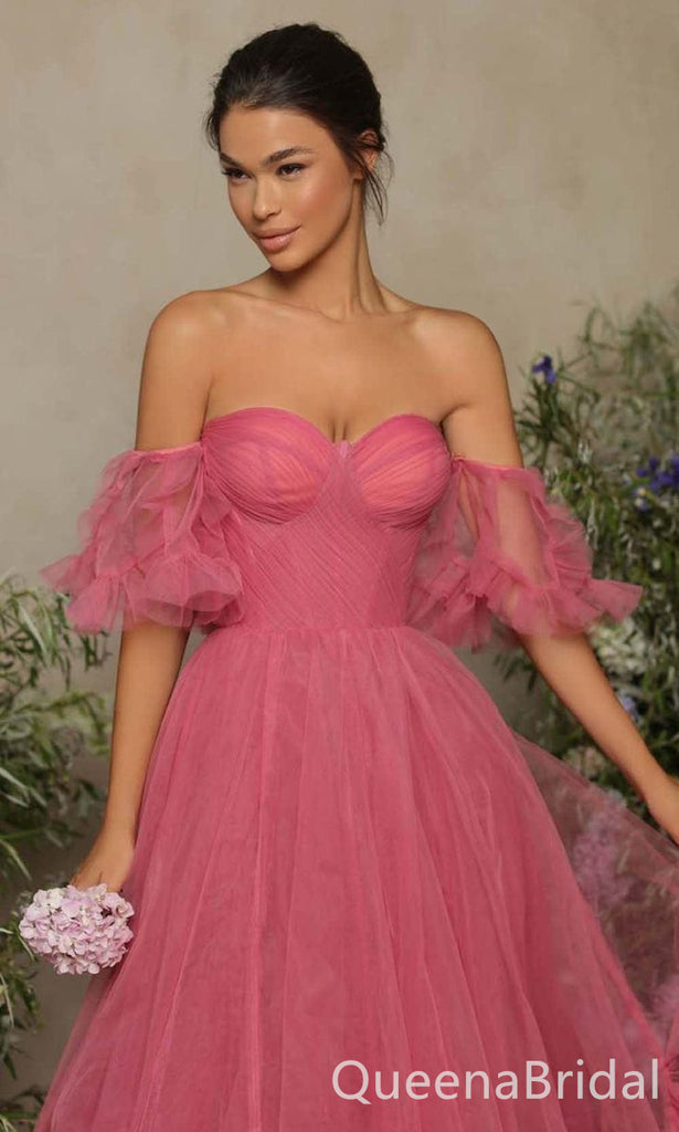 Sexy Elegant Tulle Off Shoulder A-line Strapless Evening Gown Long Prom Dresses ,WGP646