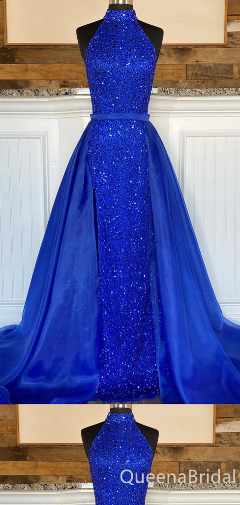 Royal Blue Sparkle High Neck Sleeveless A-line Evening Gown Maxi Long Formal Dresses Prom Dresses ,WGP966