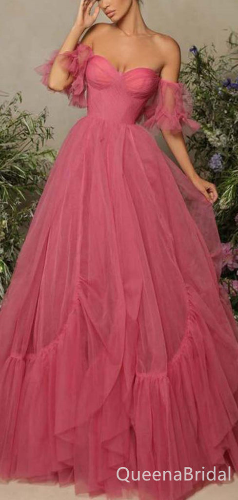 Sexy Elegant Tulle Off Shoulder A-line Strapless Evening Gown Long Prom Dresses ,WGP646