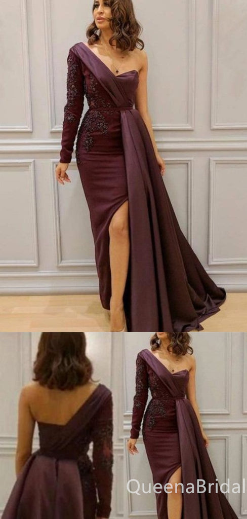 Sexy One Shoulder Lace Appliques One Long Sleeve Side Slit Mermaid Evening Gown Maxi Long Formal Dresses Prom Dresses ,WGP927